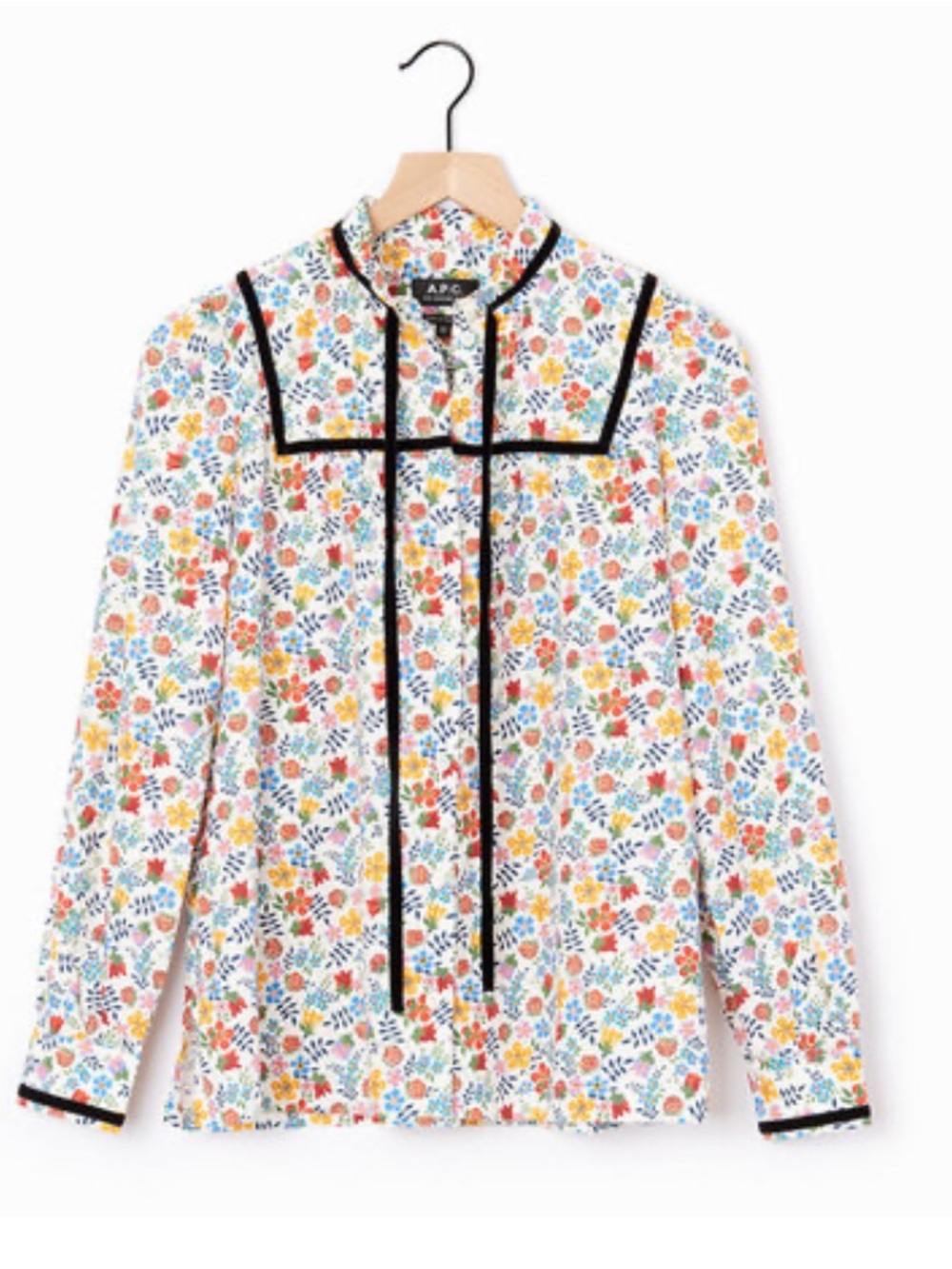 A.P.C. Abbott Liberty Floral Cotton Blouse Velvet Trim Tie Neck Size 38